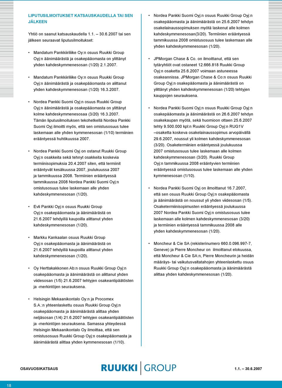 3.2007. Nordea Pankki Suomi Oyj:n osuus Ruukki Group Oyj:n äänimäärästä ja osakepääomasta on ylittänyt kolme kahdeskymmenesosaa (3/20) 16.3.2007. Tämän liputusilmoituksen tekohetkellä Nordea Pankki Suomi Oyj ilmoitti myös, että sen omistusosuus tulee laskemaan alle yhden kymmenesosan (1/10) termiinien erääntyessä huhtikuussa 2007.