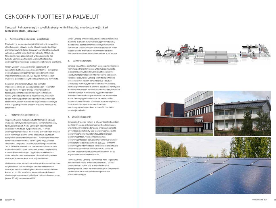 Kaikki Cencorpin aurinkosähkömoduulit valmistetaan tällä hetkellä yhtiön tehtaalla Mikkelissä. Niitä toimitetaan pääasiallisesti yhtiön jakelijoille- tai tuleville valmistuspartnereille.