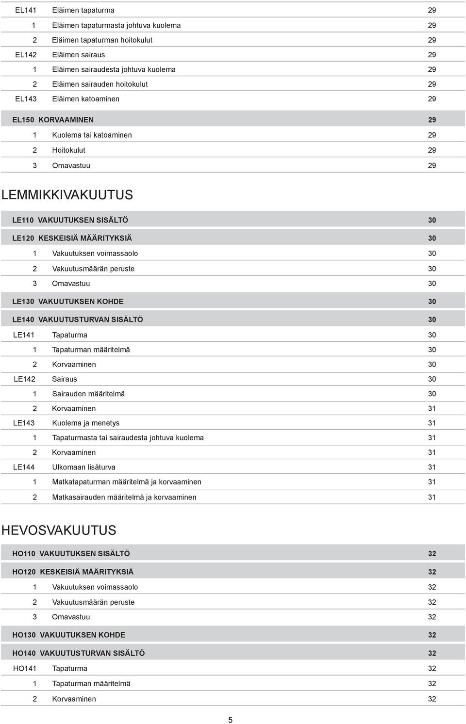 1 Vakuutuksen voimassaolo 30 2 Vakuutusmäärän peruste 30 3 Omavastuu 30 LE130 VAKUUTUKSEN KOHDE 30 LE140 VAKUUTUSTURVAN SISÄLTÖ 30 LE141 Tapaturma 30 1 Tapaturman määritelmä 30 2 Korvaaminen 30 LE142