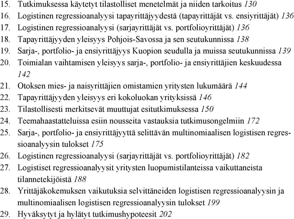 Sarja, portfolio ja ensiyrittäjyys Kuopion seudulla ja muissa seutukunnissa 139 20. Toimialan vaihtamisen yleisyys sarja, portfolio ja ensiyrittäjien keskuudessa 142 21.