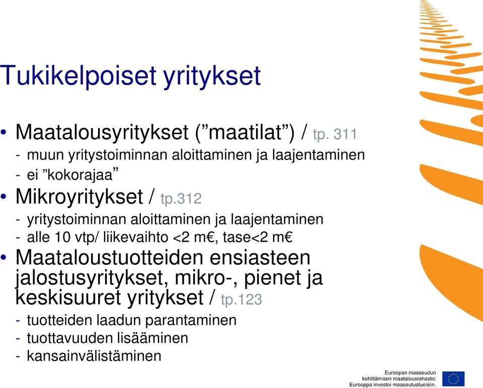 312 - yritystoiminnan aloittaminen ja laajentaminen - alle 10 vtp/ liikevaihto <2 m, tase<2 m