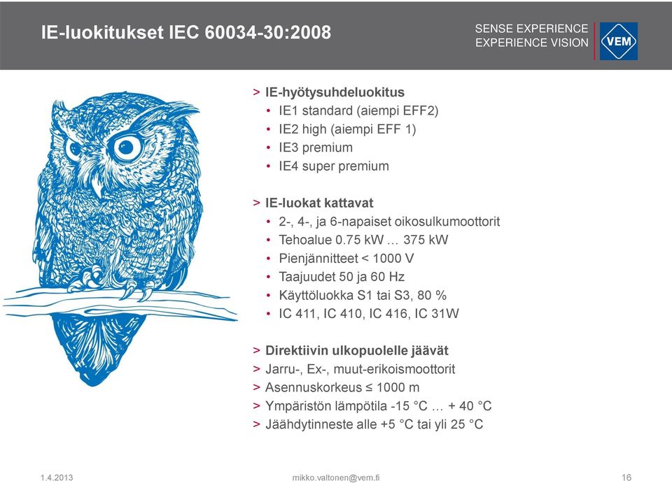 75 kw 375 kw Pienjännitteet < 1000 V Taajuudet 50 ja 60 Hz Käyttöluokka S1 tai S3, 80 % IC 411, IC 410, IC 416, IC 31W > Direktiivin