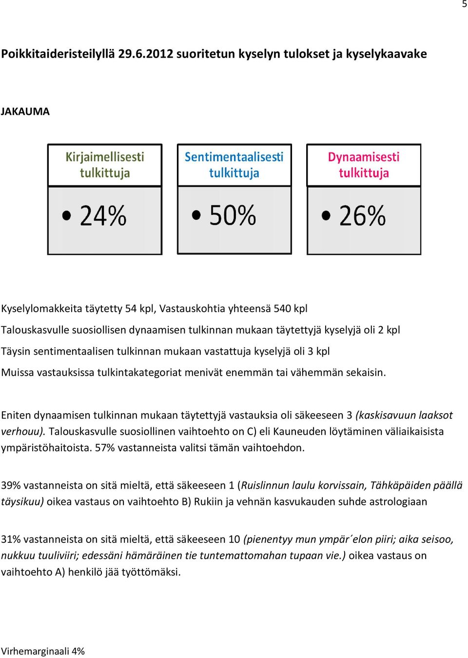 oli 2 kpl Täysin sentimentaalisen tulkinnan mukaan vastattuja kyselyjä oli 3 kpl Muissa vastauksissa tulkintakategoriat menivät enemmän tai vähemmän sekaisin.