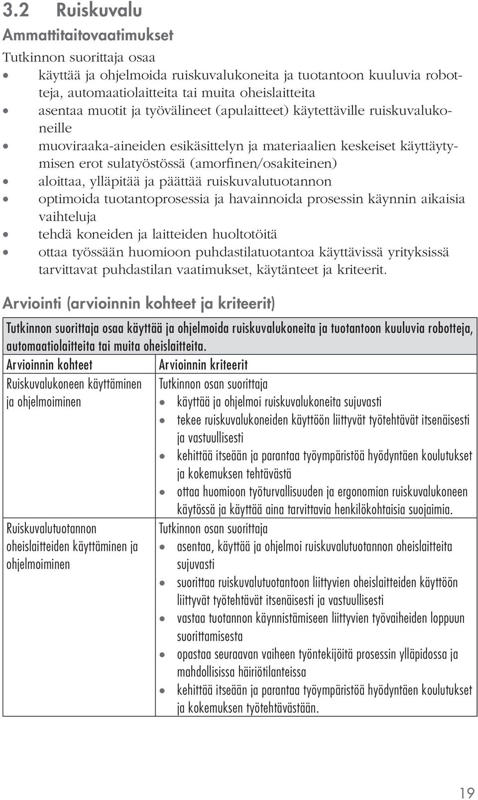 ja päättää ruiskuvalutuotannon optimoida tuotantoprosessia ja havainnoida prosessin käynnin aikaisia vaihteluja tehdä koneiden ja laitteiden huoltotöitä ottaa työssään huomioon puhdastilatuotantoa