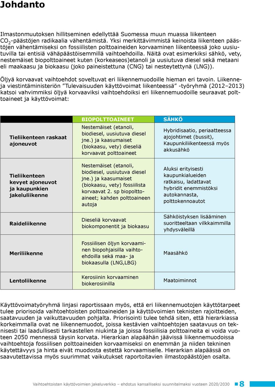 Näitä ovat esimerkiksi sähkö, vety, nestemäiset biopolttoaineet kuten (korkeaseos)etanoli ja uusiutuva diesel sekä metaani eli maakaasu ja biokaasu (joko paineistettuna (CNG) tai nesteytettynä (LNG)).