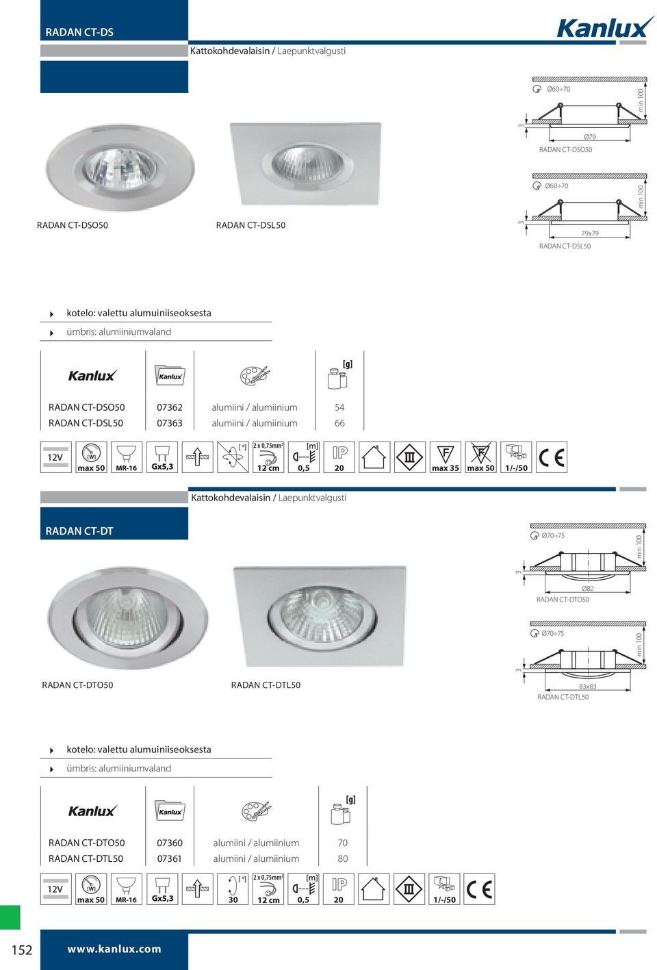 Kattokohdevalaisin / Laepunktvalgusti RADAN CT-DT Ø70 75 3 Ø82 RADAN CT-DTO50 Ø70 75 3 RADAN CT-DTO50 RADAN CT-DTL50 83x83 RADAN CT-DTL50 kotelo: valettu alumuiniiseoksesta