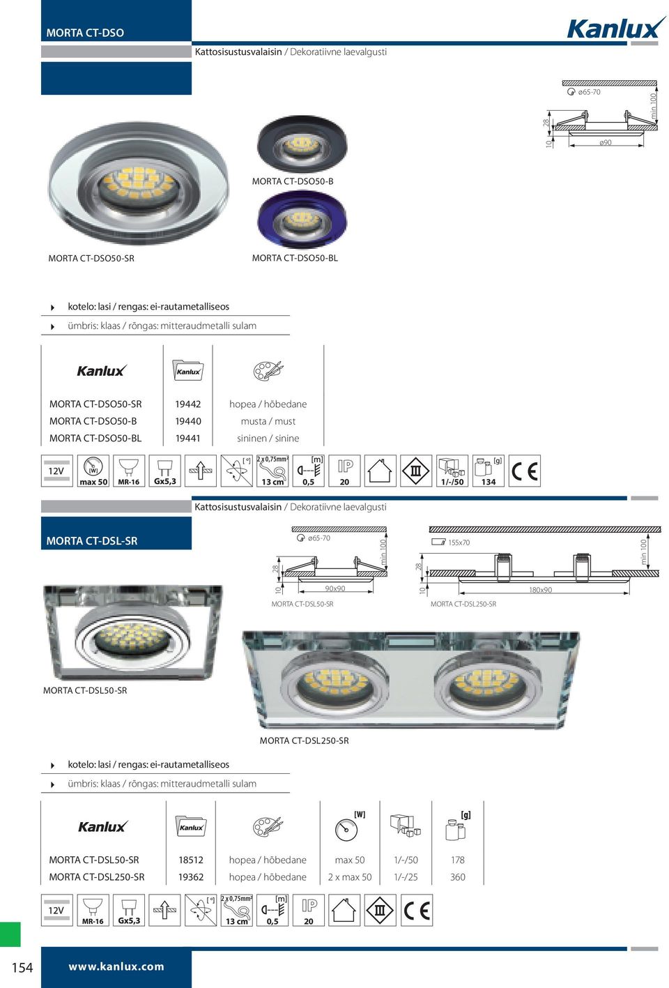 Kattosisustusvalaisin / Dekoratiivne laevalgusti MORTA CT-DSL-SR ø65-70 28 155x70 28 10 90x90 10 180x90 MORTA CT-DSL50-SR MORTA CT-DSL250-SR MORTA CT-DSL50-SR MORTA CT-DSL250-SR kotelo: lasi /