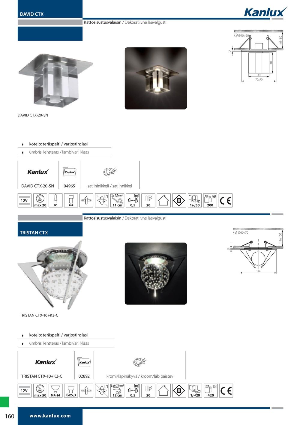 Kattosisustusvalaisin / Dekoratiivne laevalgusti TRISTAN CTX Ø60 70 5 124 TRISTAN CTX-10+K3-C kotelo: teräspelti / varjostin: lasi ümbris: