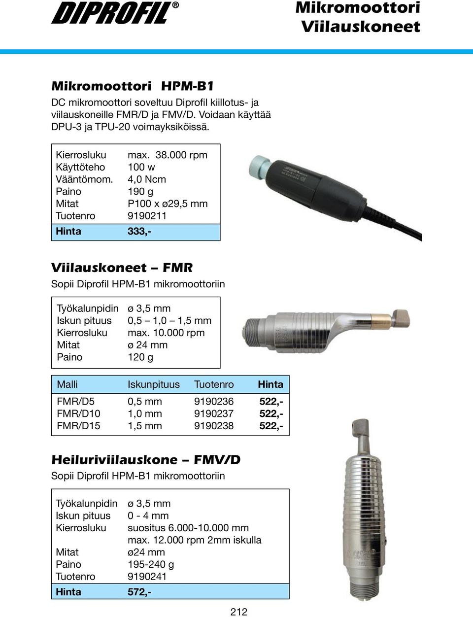 4,0 Ncm 190 g Mitat P100 x ø29,5 mm Tuotenro 9190211 Hinta 333,- Viilauskoneet FMR Sopii Diprofil HPM-B1 mikromoottoriin Työkalunpidin ø 3,5 mm Iskun pituus 0,5 1,0 1,5 mm Kierrosluku max. 10.