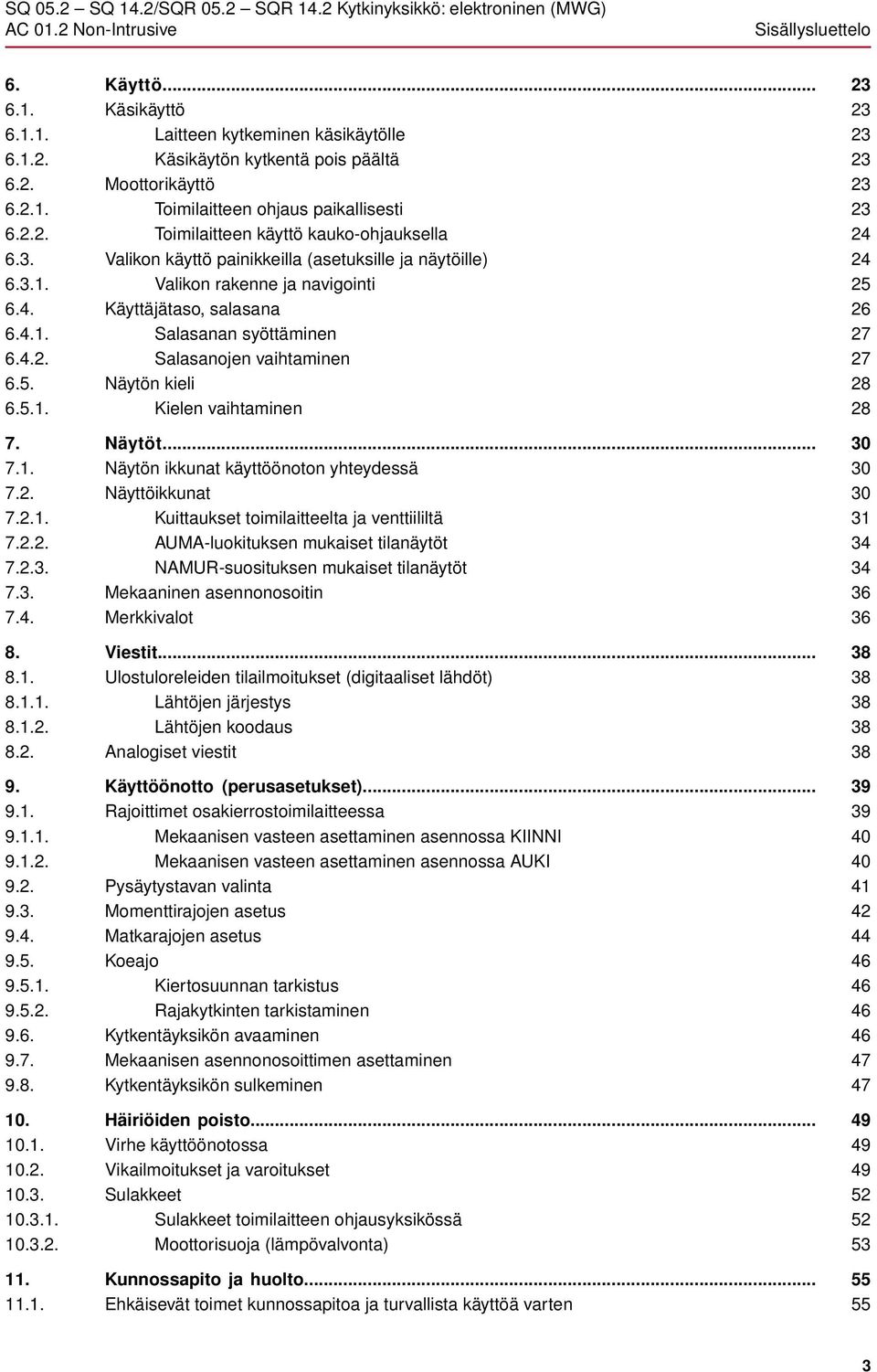 4.2. Salasanojen vaihtaminen 6.5. Näytön kieli 6.5.1. Kielen vaihtaminen 7. Näytöt... 7.1. Näytön ikkunat käyttöönoton yhteydessä 7.2. Näyttöikkunat 7.2.1. Kuittaukset toimilaitteelta ja venttiililtä 7.