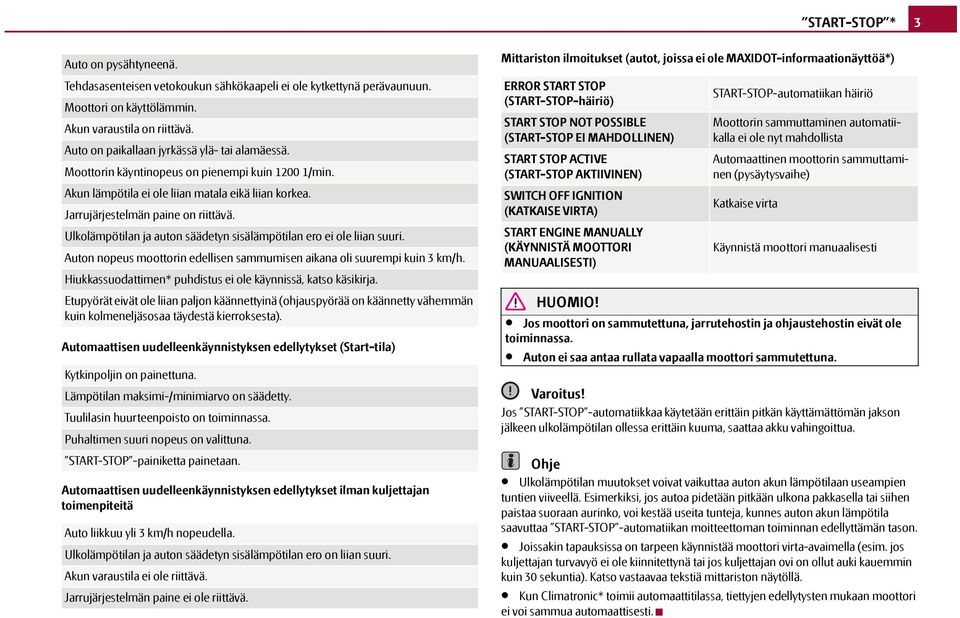 Ulkolämpötilan ja auton säädetyn sisälämpötilan ero ei ole liian suuri. Auton nopeus moottorin edellisen sammumisen aikana oli suurempi kuin 3 km/h.