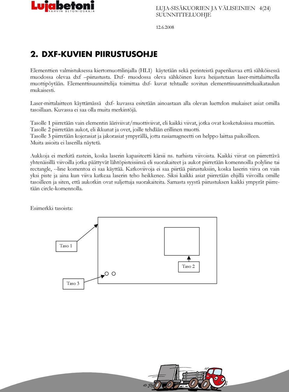 Laser-mittalaitteen käyttämässä dxf- kuvassa esitetään ainoastaan alla olevan luettelon mukaiset asiat omilla tasoillaan. Kuvassa ei saa olla muita merkintöjä.