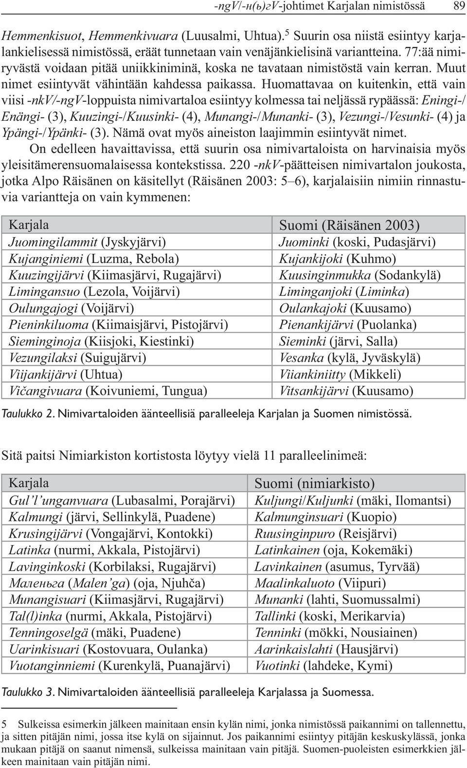 Huomattavaa on kuitenkin, että vain viisi -nkv/-ngv-loppuista nimivartaloa esiintyy kolmessa tai neljässä rypäässä: Eningi-/ Enängi- (3), Kuuzingi-/Kuusinki- (4), Munangi-/Munanki- (3),