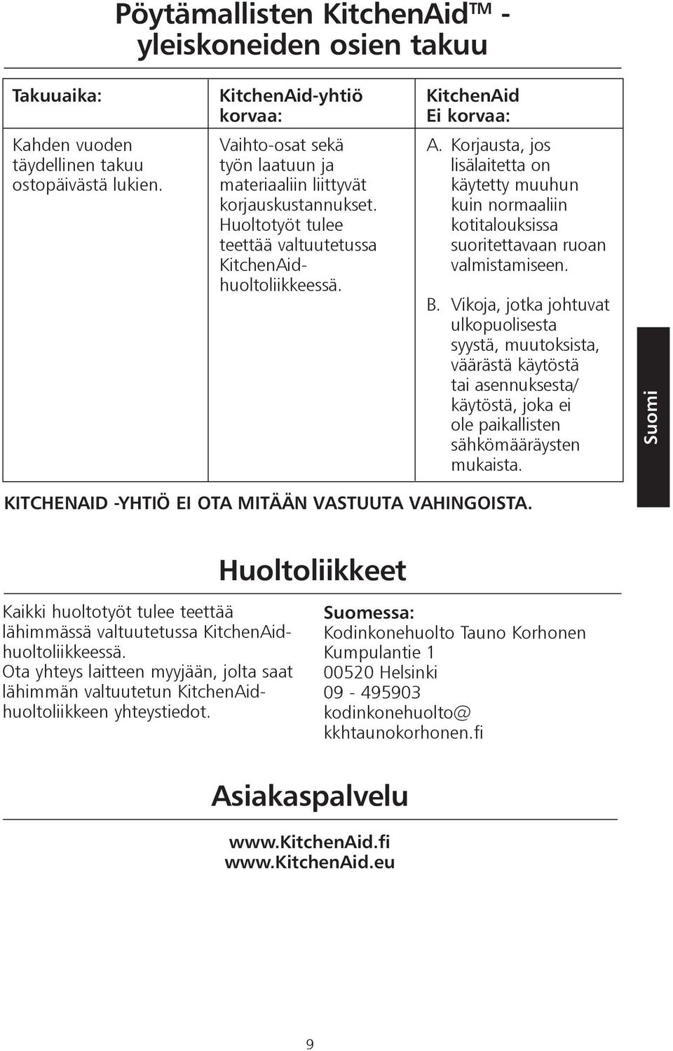 Korjausta, jos lisälaitetta on käytetty muuhun kuin normaaliin kotitalouksissa suoritettavaan ruoan valmistamiseen. B.