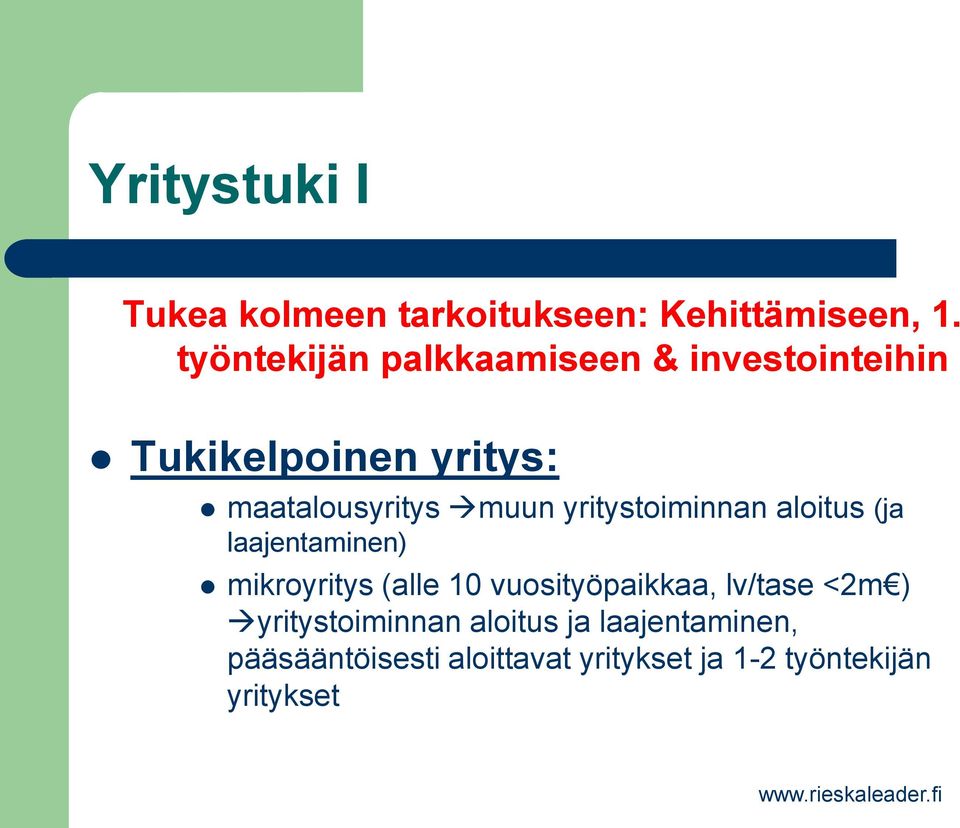 yritystoiminnan aloitus (ja laajentaminen) mikroyritys (alle 10 vuosityöpaikkaa,