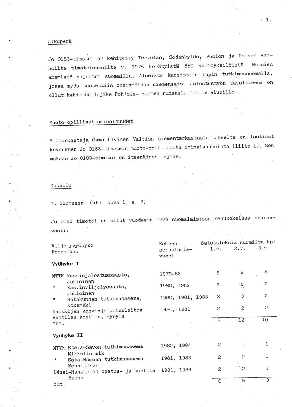 Muoto-opilliset ominaisuudet Ylitarkastaja Osmo Ulvinen Valtion siementarkastuslaitokselta on laatinut kuvauksen Jo 183-timotein muoto-opillisista ominaisuuksista (liite 1).