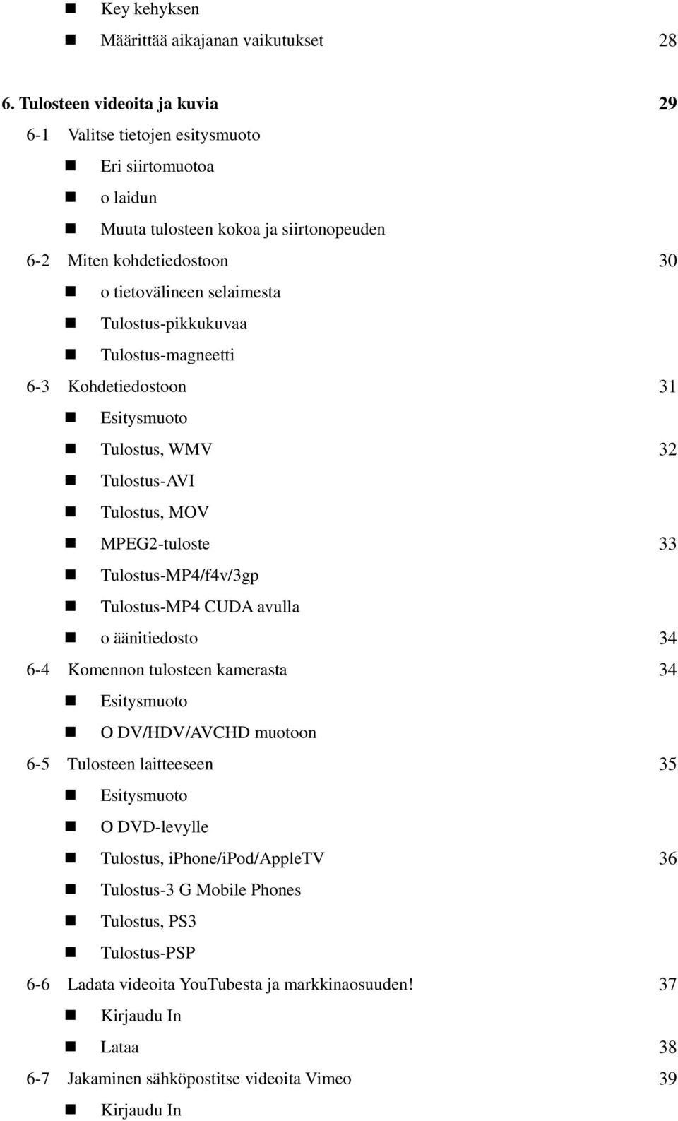 Tulostus-pikkukuvaa Tulostus-magneetti 6-3 Kohdetiedostoon 31 Esitysmuoto Tulostus, WMV 32 Tulostus-AVI Tulostus, MOV MPEG2-tuloste 33 Tulostus-MP4/f4v/3gp Tulostus-MP4 CUDA avulla o äänitiedosto