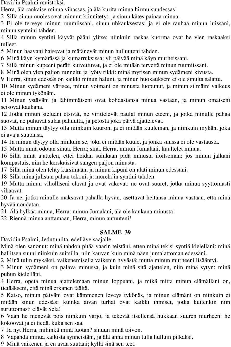 4 Sillä minun syntini käyvät pääni ylitse; niinkuin raskas kuorma ovat he ylen raskaaksi tulleet. 5 Minun haavani haisevat ja mätänevät minun hulluuteni tähden.