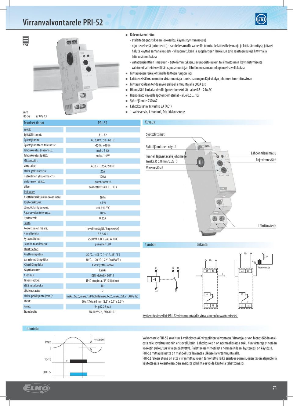 tilanilmaisu: : Likaisuusaste: Maks. poikkipinta (mm ): PRI-5 A - A AC 30 V / 50-60 Hz - %; +0 % maks. 5 VA maks..4 W AC 0.5... 5A / 50 Hz 5A 00 A potentiometri säädettävissä 0.5... 0 s 0 % < % < 0.