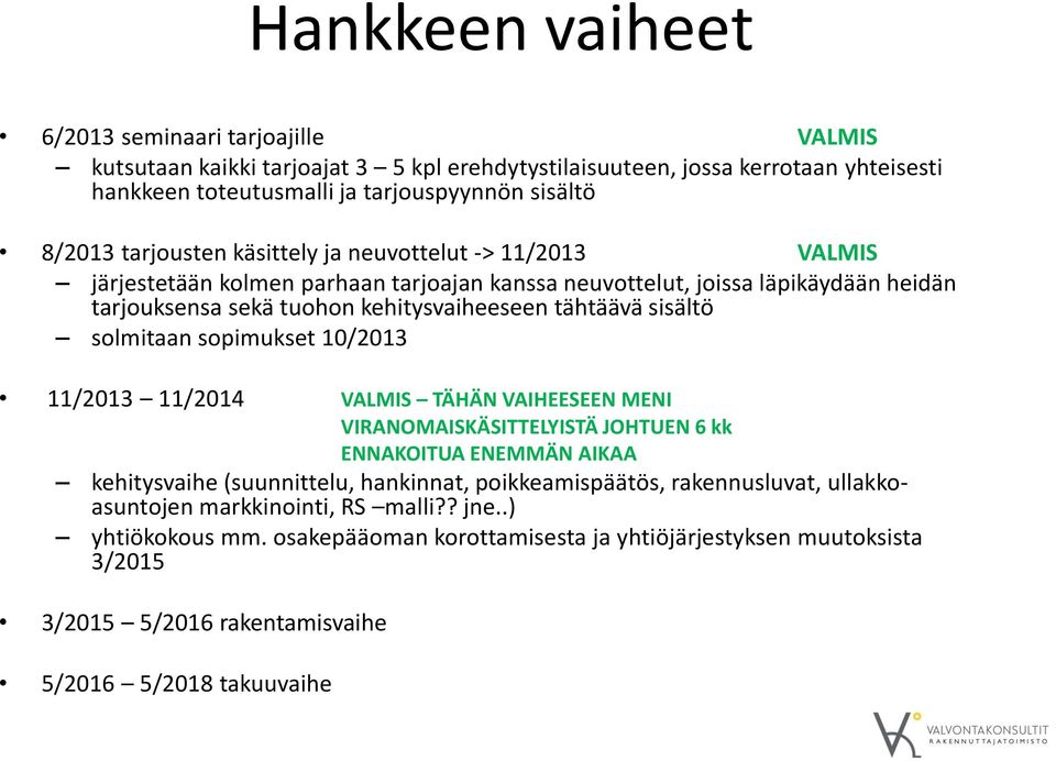 sisältö solmitaan sopimukset 10/2013 11/2013 11/2014 VALMIS TÄHÄN VAIHEESEEN MENI VIRANOMAISKÄSITTELYISTÄ JOHTUEN 6 kk ENNAKOITUA ENEMMÄN AIKAA kehitysvaihe (suunnittelu, hankinnat,