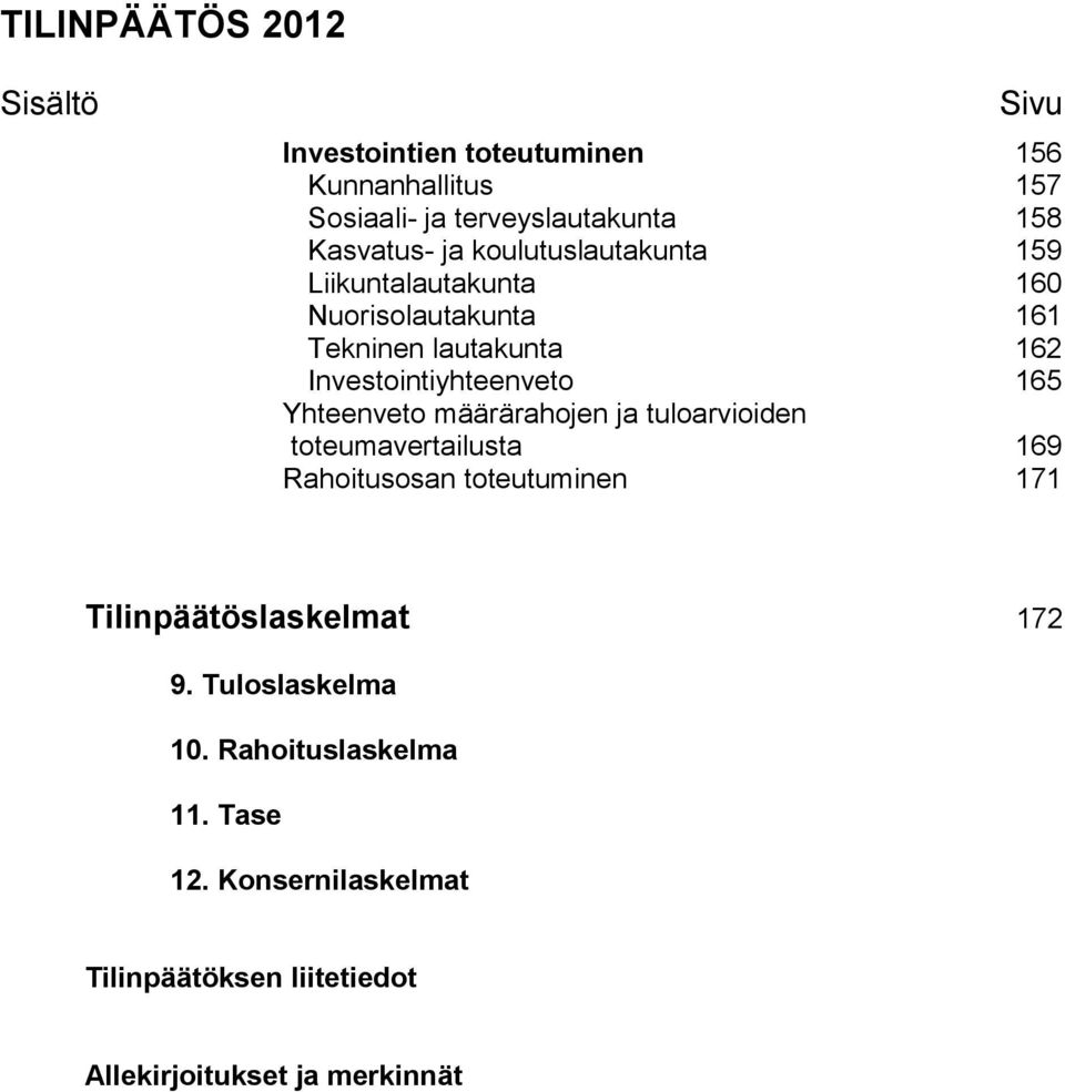 Investointiyhteenveto 165 Yhteenveto määrärahojen ja tuloarvioiden toteumavertailusta 169 Rahoitusosan toteutuminen 171