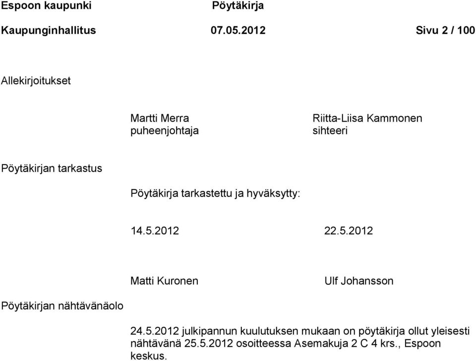 Pöytäkirjan tarkastus Pöytäkirja tarkastettu ja hyväksytty: 14.5.