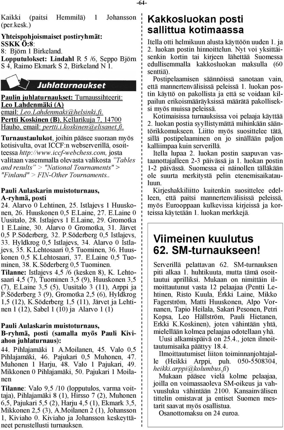 Pertti Koskinen (B), Kellarikuja 7, 14700 Hauho, email: pertti.i.koskinen@elisanet.fi. Turnaustaulukot, joihin pääsee suoraan myös kotisivulta, ovat ICCF:n webserverillä, osoitteessa http://www.