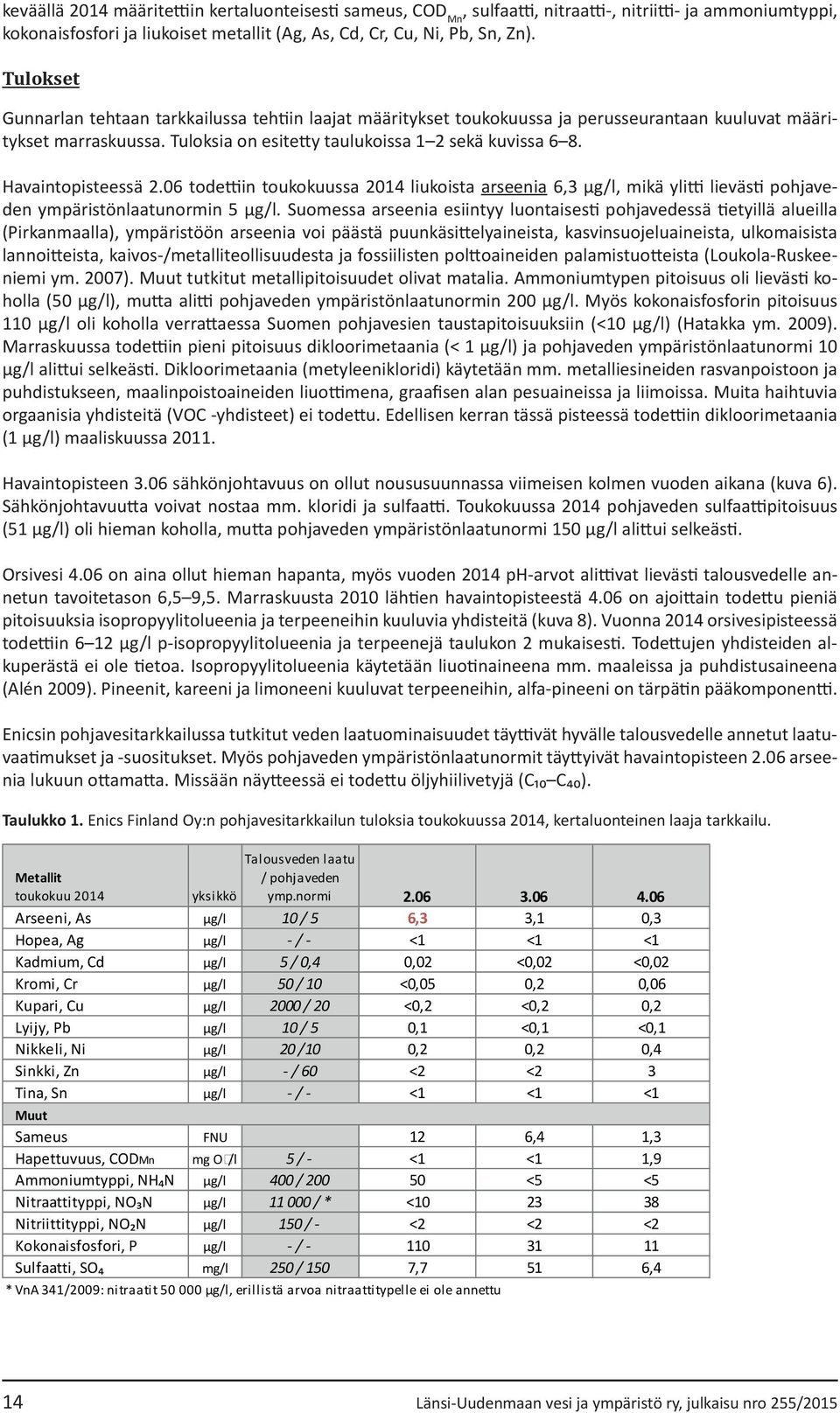 Havaintopisteessä 2.6 todettiin toukokuussa 214 liukoista arseenia 6,3 µg/l, mikä ylitti lievästi pohjaveden ympäristönlaatunormin 5 µg/l.