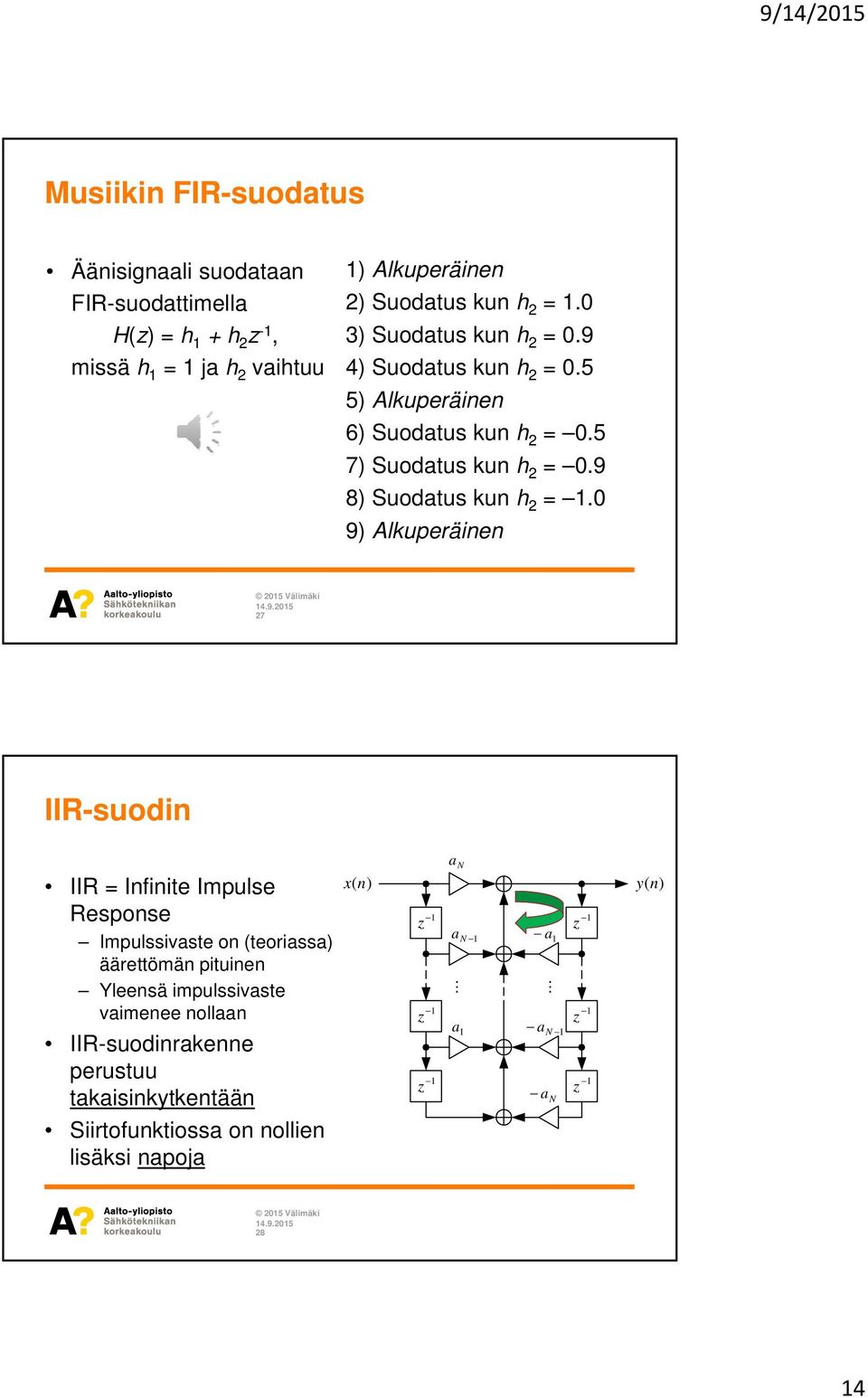 0 9) Alkuperäinen 27 IIR-suodin IIR = Infinite Impulse Response Impulssivaste on (teoriassa) äärettömän pituinen Yleensä impulssivaste vaimenee nollaan