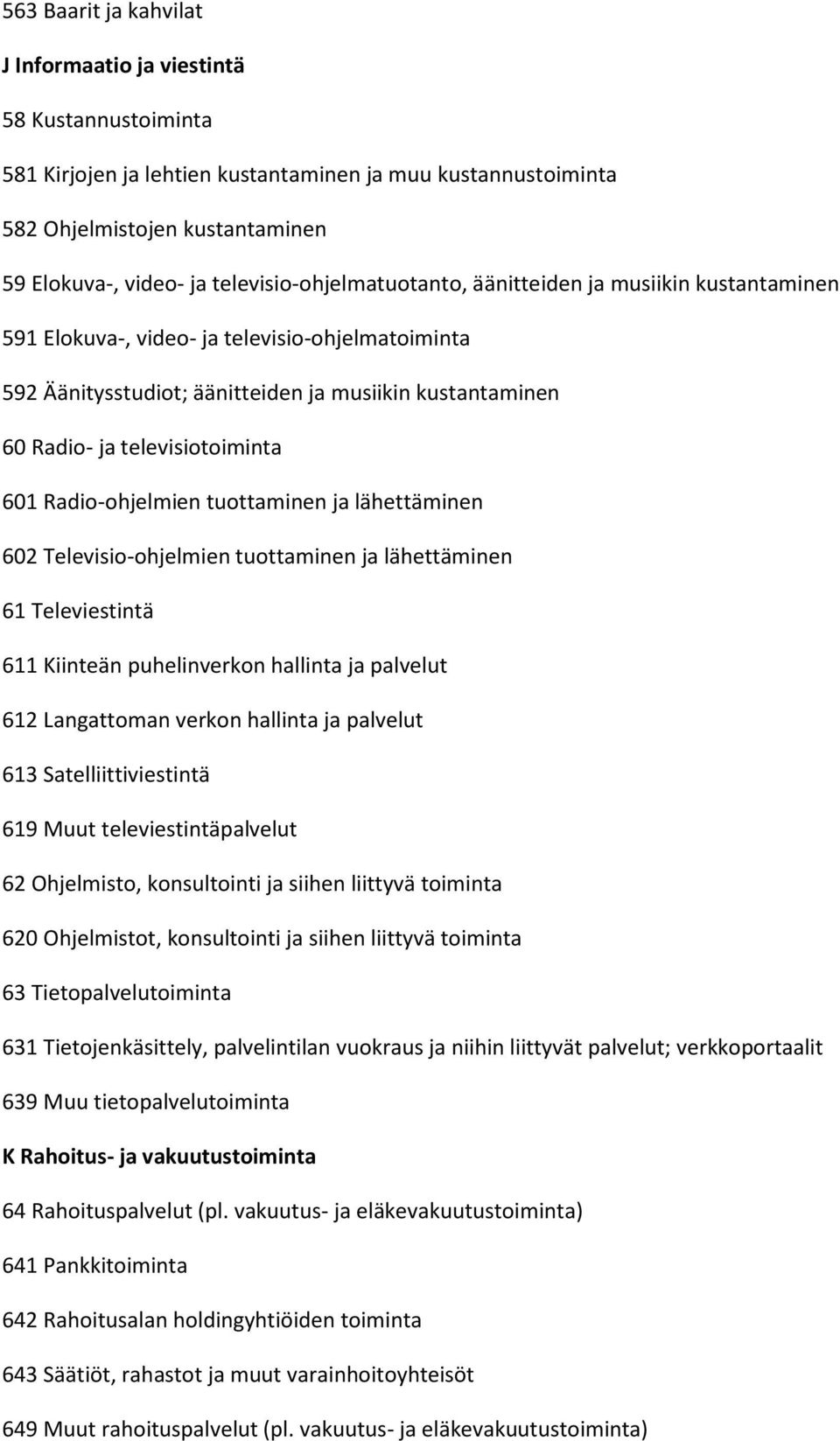 televisiotoiminta 601 Radio-ohjelmien tuottaminen ja lähettäminen 602 Televisio-ohjelmien tuottaminen ja lähettäminen 61 Televiestintä 611 Kiinteän puhelinverkon hallinta ja palvelut 612 Langattoman