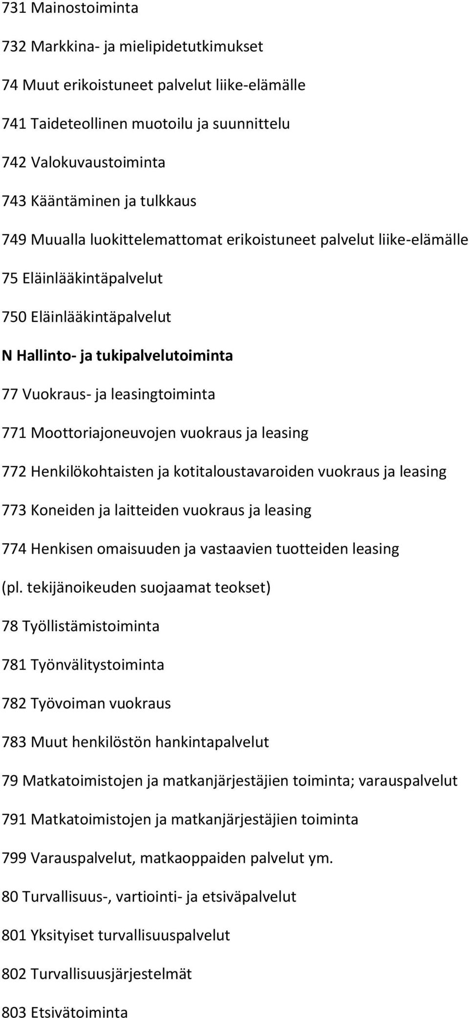 Moottoriajoneuvojen vuokraus ja leasing 772 Henkilökohtaisten ja kotitaloustavaroiden vuokraus ja leasing 773 Koneiden ja laitteiden vuokraus ja leasing 774 Henkisen omaisuuden ja vastaavien