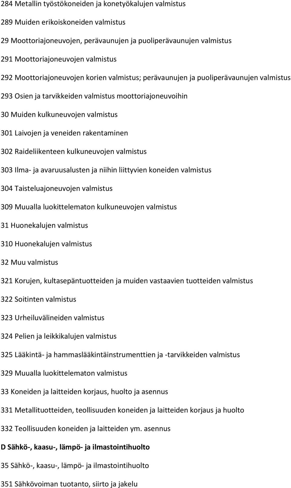 rakentaminen 302 Raideliikenteen kulkuneuvojen valmistus 303 Ilma- ja avaruusalusten ja niihin liittyvien koneiden valmistus 304 Taisteluajoneuvojen valmistus 309 Muualla luokittelematon