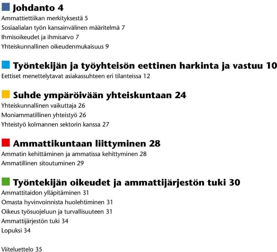 26 Yhteistyö kolmannen sektorin kanssa 27 Ammattikuntaan liittyminen 28 Ammatin kehittäminen ja ammatissa kehittyminen 28 Ammatillinen sitoutuminen 29 Työntekijän oikeudet ja