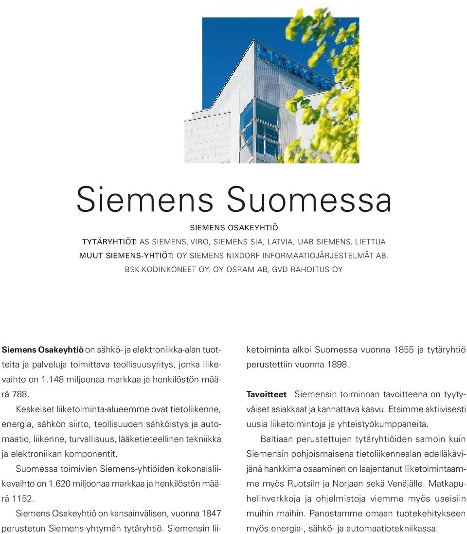 Keskeiset liiketoiminta-alueemme ovat tietoliikenne, energia, sähkön siirto, teollisuuden sähköistys ja automaatio, liikenne, turvallisuus, lääketieteellinen tekniikka ja elektroniikan komponentit.