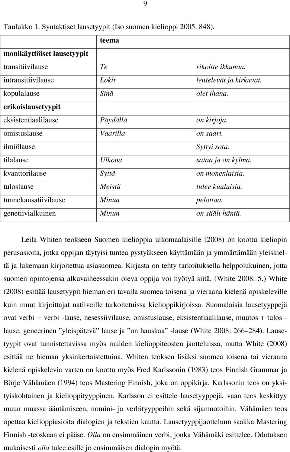 kvanttorilause Syitä on monenlaisia. tuloslause Meistä tulee kuuluisia. tunnekausatiivilause Minua pelottaa. genetiivialkuinen Minun on sääli häntä.