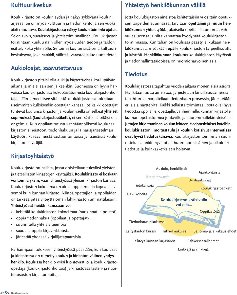 Se toimii koulun sisäisenä kulttuurikeskuksena, joka hankkii, välittää, varastoi ja luo uutta tietoa.