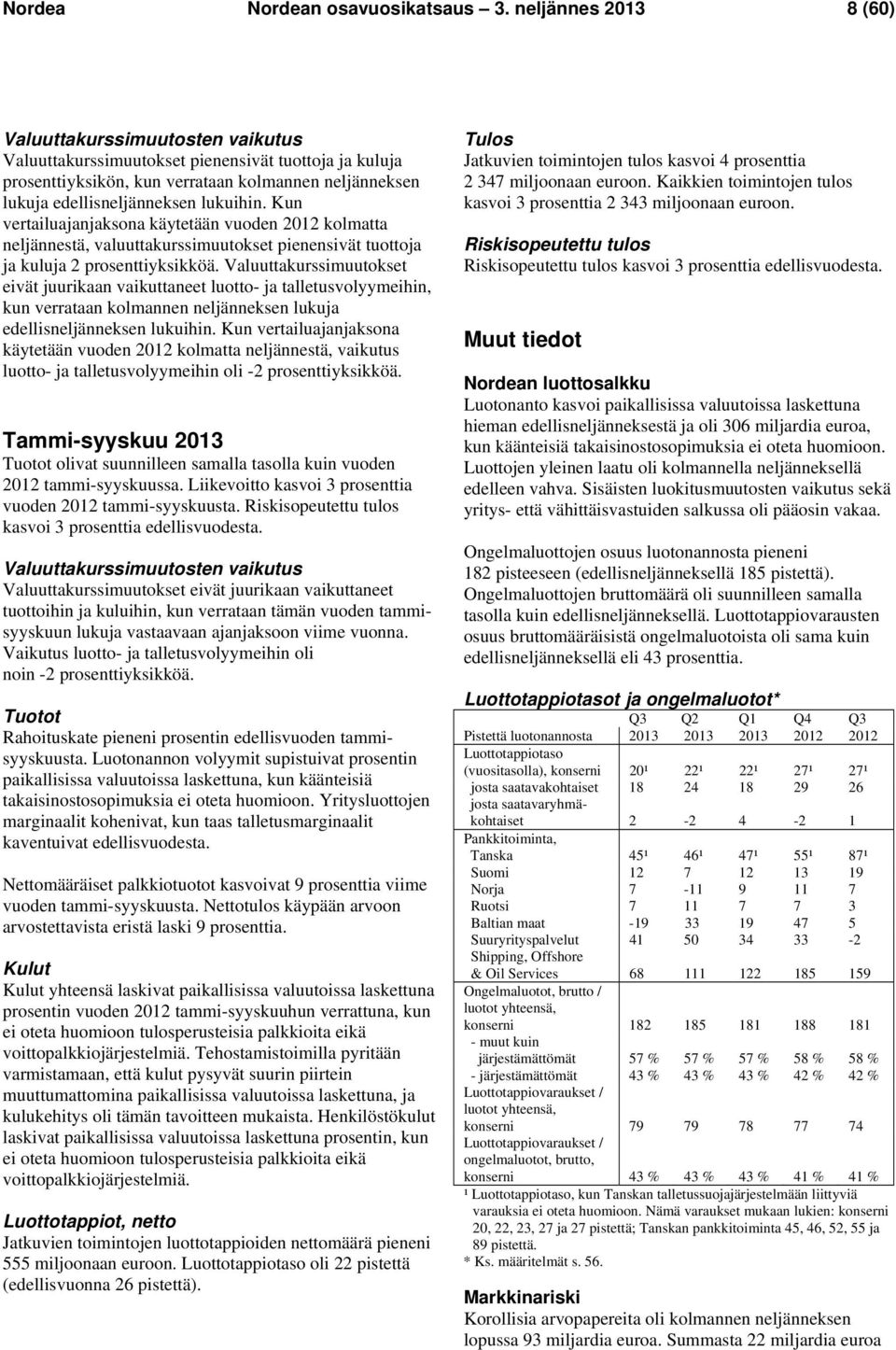 Kun vertailuajanjaksona käytetään vuoden kolmatta neljännestä, valuuttakurssimuutokset pienensivät tuottoja ja kuluja 2 prosenttiyksikköä.