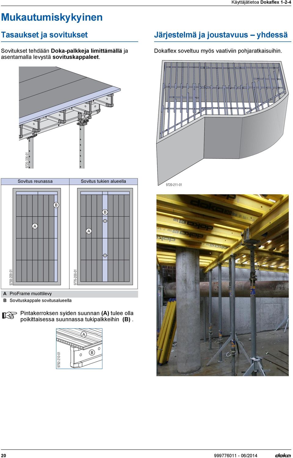 9720-336-01 Sovitus reunassa Sovitus tukien alueella 9720-211-01 B B 9768-209-01 9776-200-01 ProFrame muottilevy B