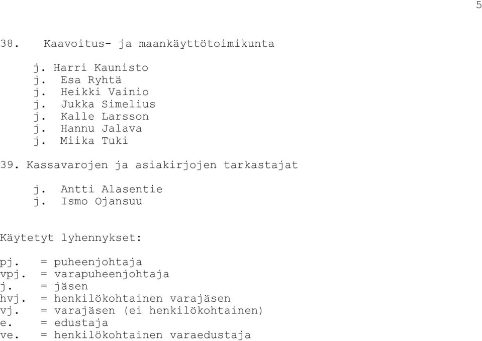 Antti Alasentie j. Ismo Ojansuu Käytetyt lyhennykset: pj. = puheenjohtaja vpj. = varapuheenjohtaja j.