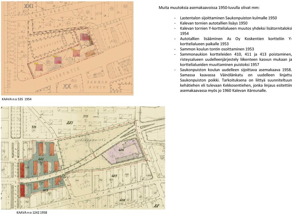 poistaminen, risteysalueen uudelleenjärjestely liikenteen kasvun mukaan ja korttelialueiden muuttaminen puistoksi 1957 - Saukonpuiston koulun uudelleen sijoittava asemakaava 1958.