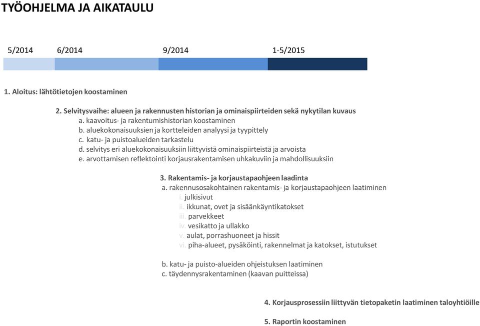 selvitys eri aluekokonaisuuksiin liittyvistä ominaispiirteistä ja arvoista e. arvottamisen reflektointi korjausrakentamisen uhkakuviin ja mahdollisuuksiin 3.