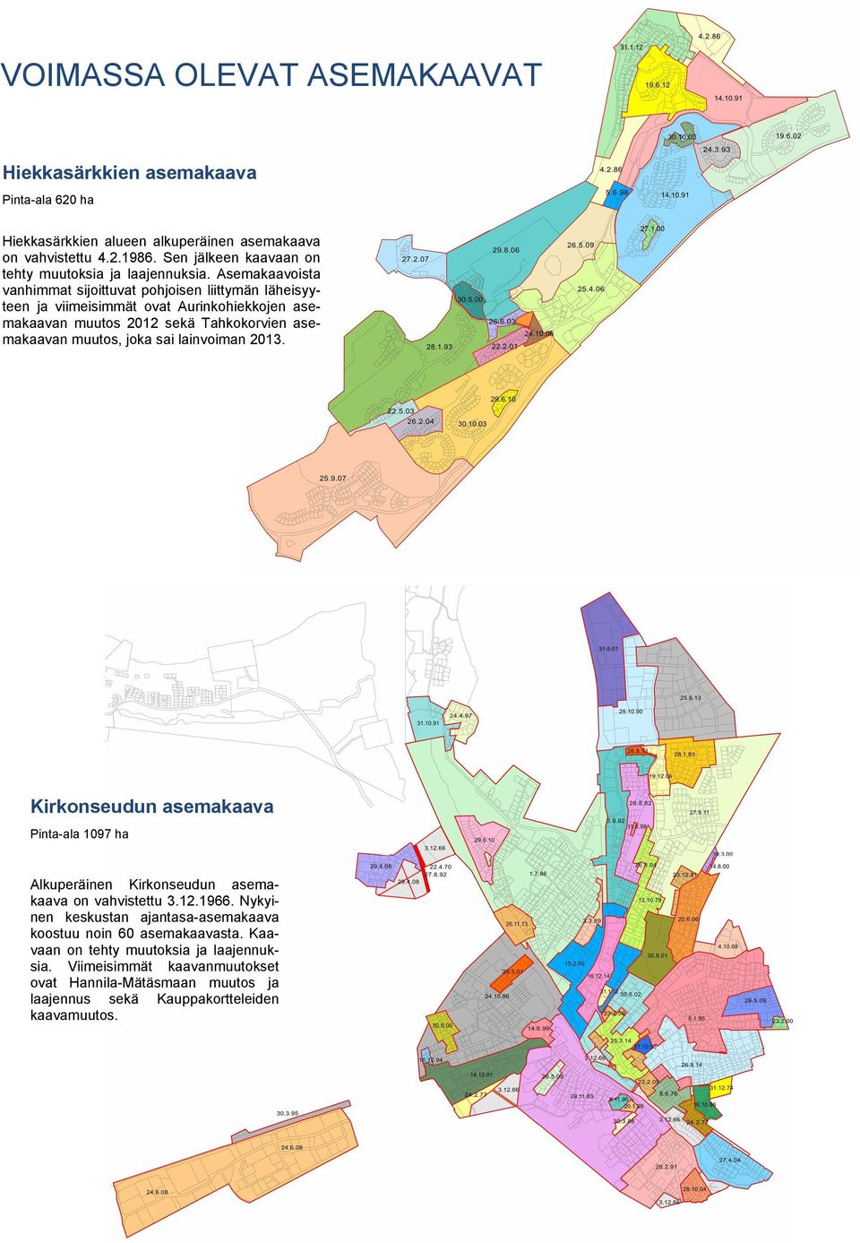 Asemakaavoista vanhimmat sijoittuvat pohjoisen liittymän läheisyyteen ja viimeisimmät ovat Aurinkohiekkojen asemakaavan muutos 2012 sekä Tahkokorvien asemakaavan muutos, joka sai