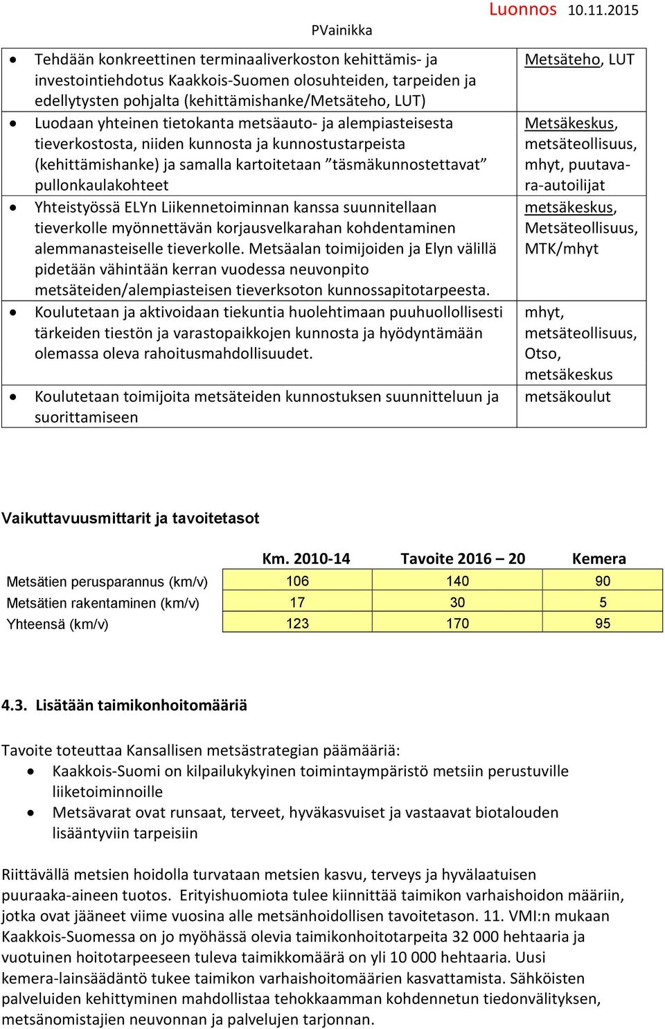 ELYn Liikennetoiminnan kanssa suunnitellaan tieverkolle myönnettävän korjausvelkarahan kohdentaminen alemmanasteiselle tieverkolle.