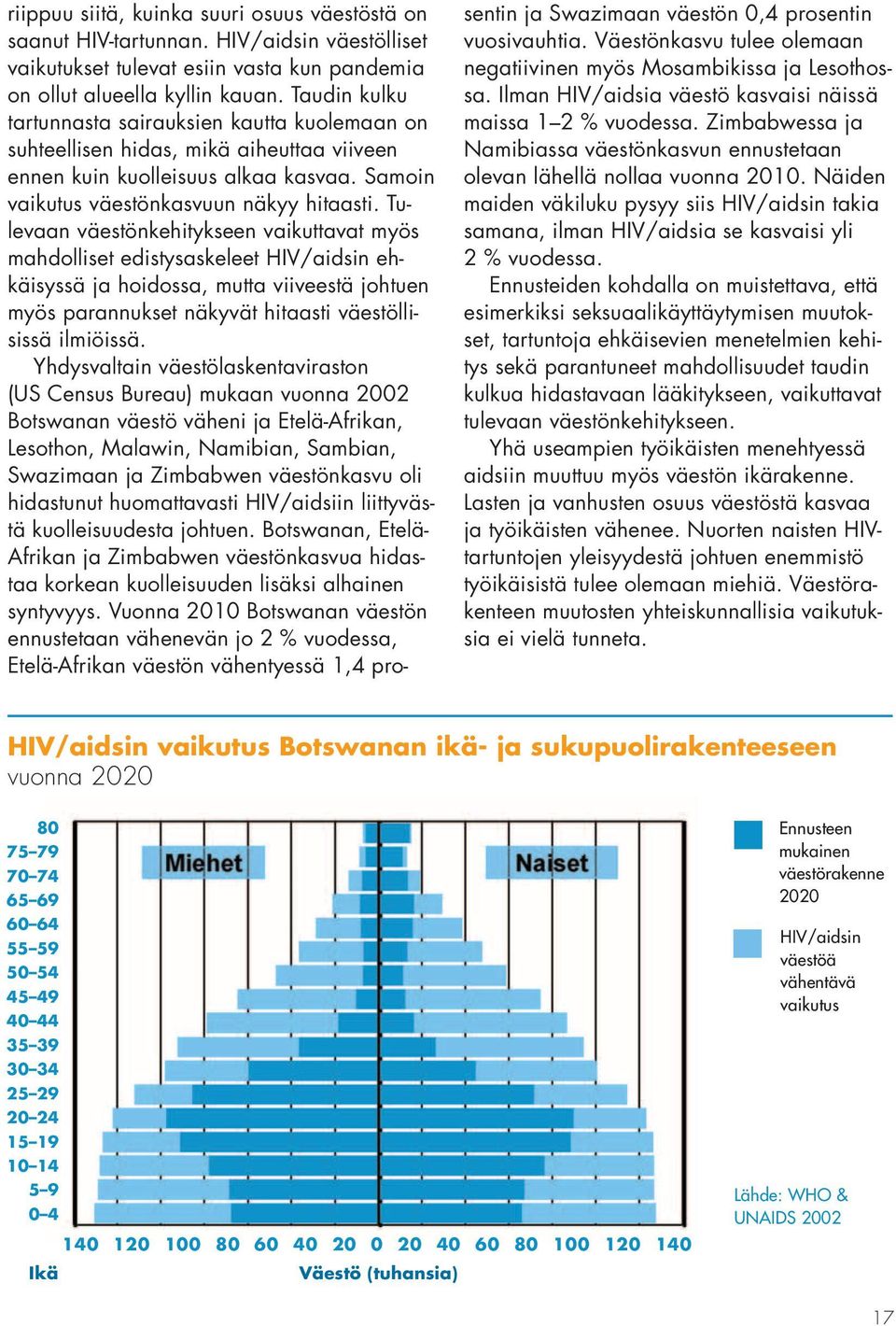 Tulevaan väestönkehitykseen vaikuttavat myös mahdolliset edistysaskeleet HIV/aidsin ehkäisyssä ja hoidossa, mutta viiveestä johtuen myös parannukset näkyvät hitaasti väestöllisissä ilmiöissä.