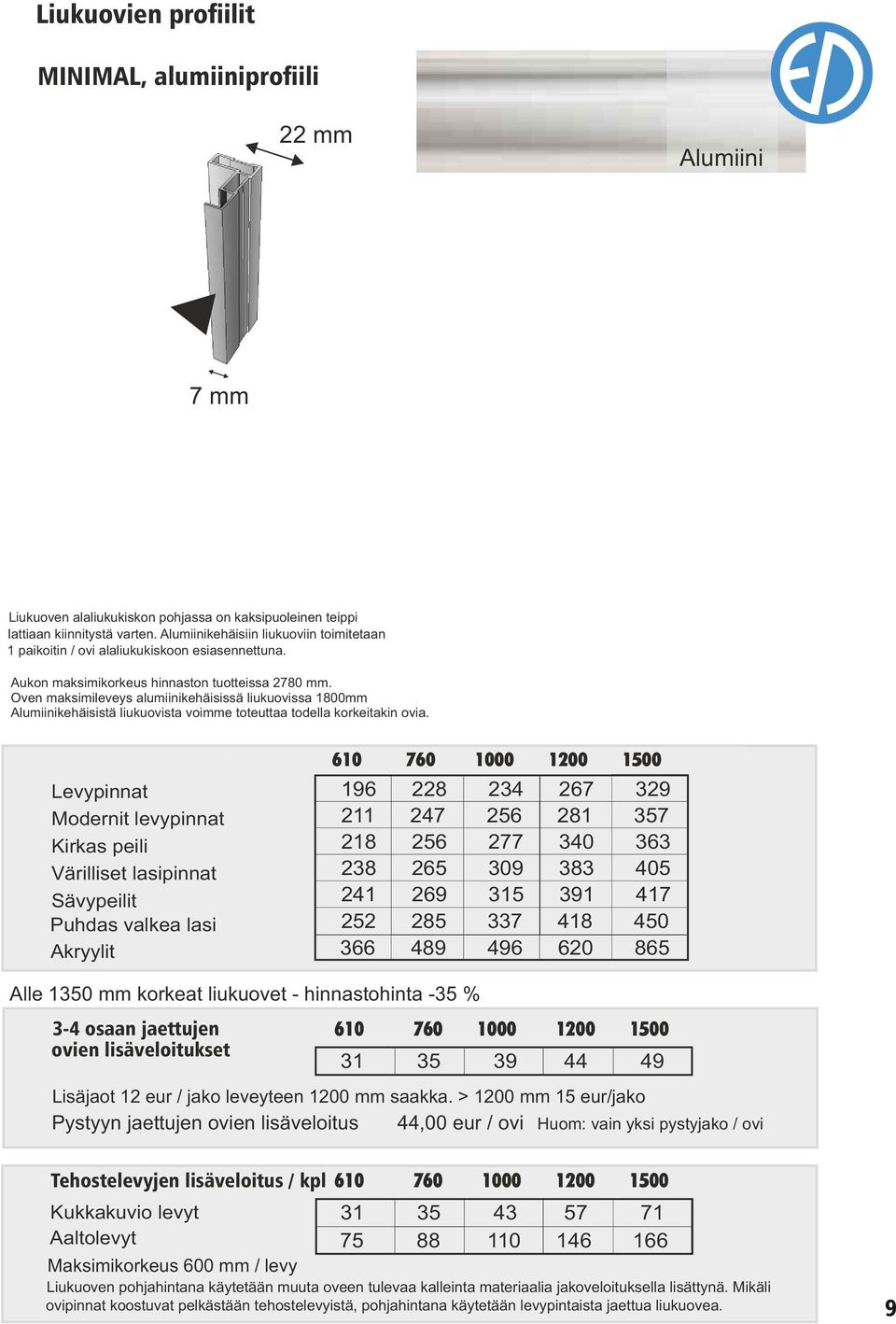 Oven maksimileveys alumiinikehäisissä liukuovissa 1800mm Alumiinikehäisistä liukuovista voimme toteuttaa todella korkeitakin ovia.