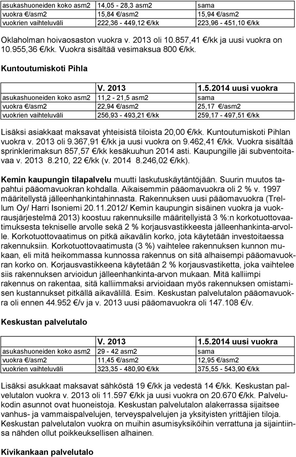 Kuntoutumiskoti Pihla asukashuoneiden koko asm2 11,2-21,5 asm2 sama vuokra /asm2 22,94 /asm2 25,17 /asm2 vuokrien vaihteluväli 256,93-493,21 /kk 259,17-497,51 /kk Lisäksi asiakkaat maksavat