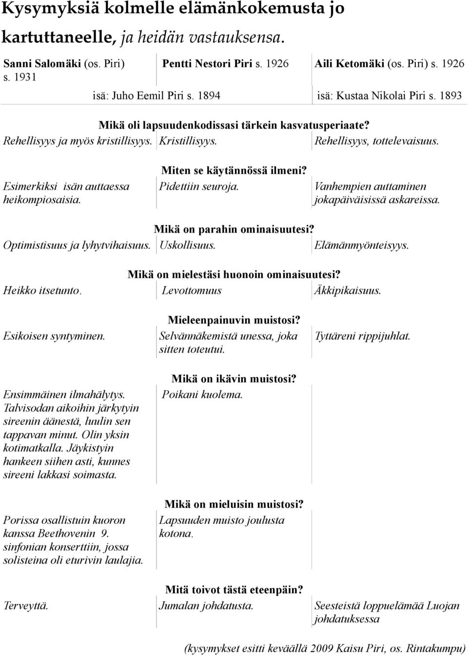 Esimerkiksi isän auttaessa heikompiosaisia. Miten se käytännössä ilmeni? Pidettiin seuroja. Vanhempien auttaminen jokapäiväisissä askareissa. Mikä on parahin ominaisuutesi?