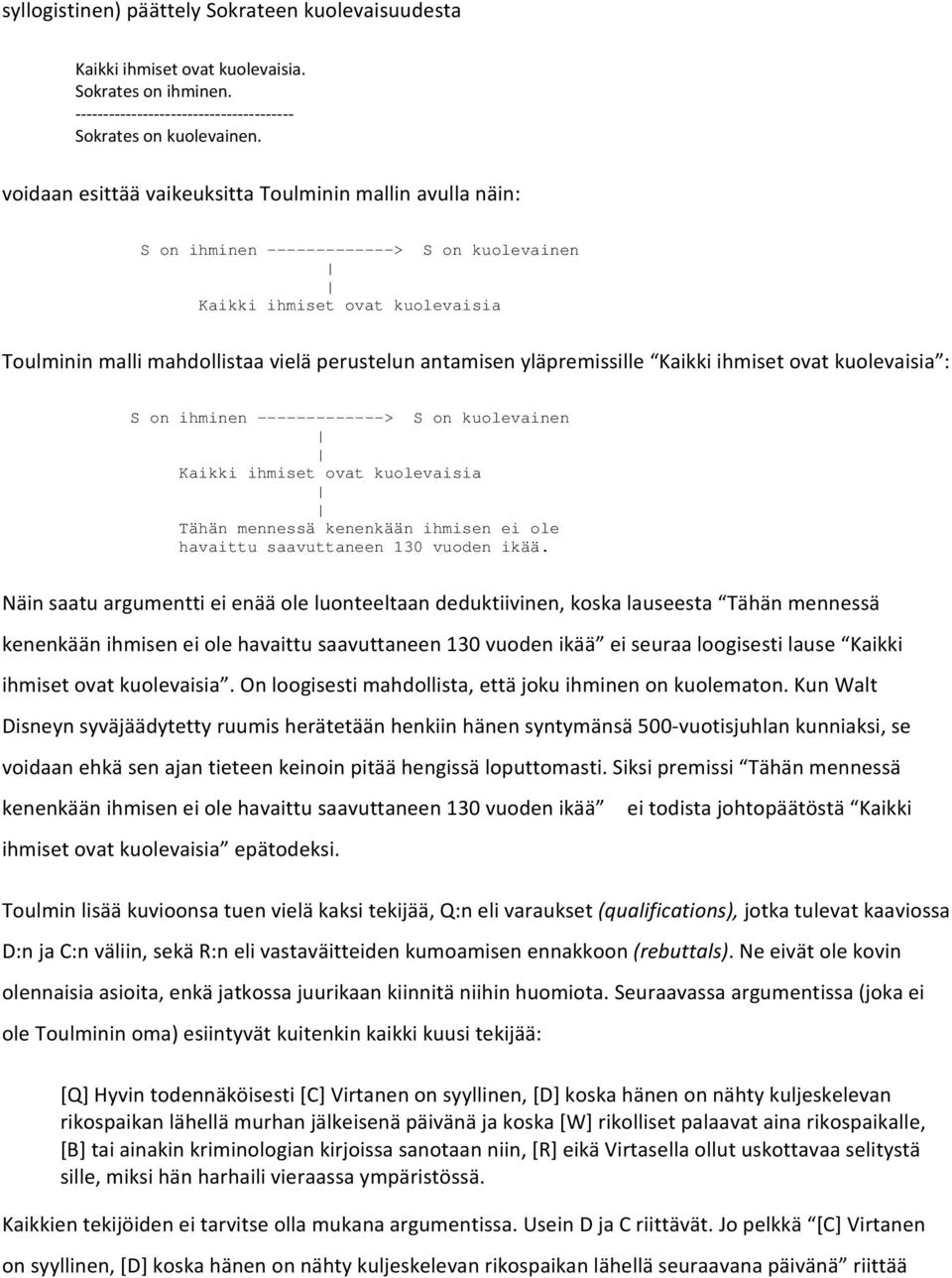 yläpremissille Kaikki ihmiset ovat kuolevaisia : S on ihminen -------------> S on kuolevainen Kaikki ihmiset ovat kuolevaisia Tähän mennessä kenenkään ihmisen ei ole havaittu saavuttaneen 130 vuoden