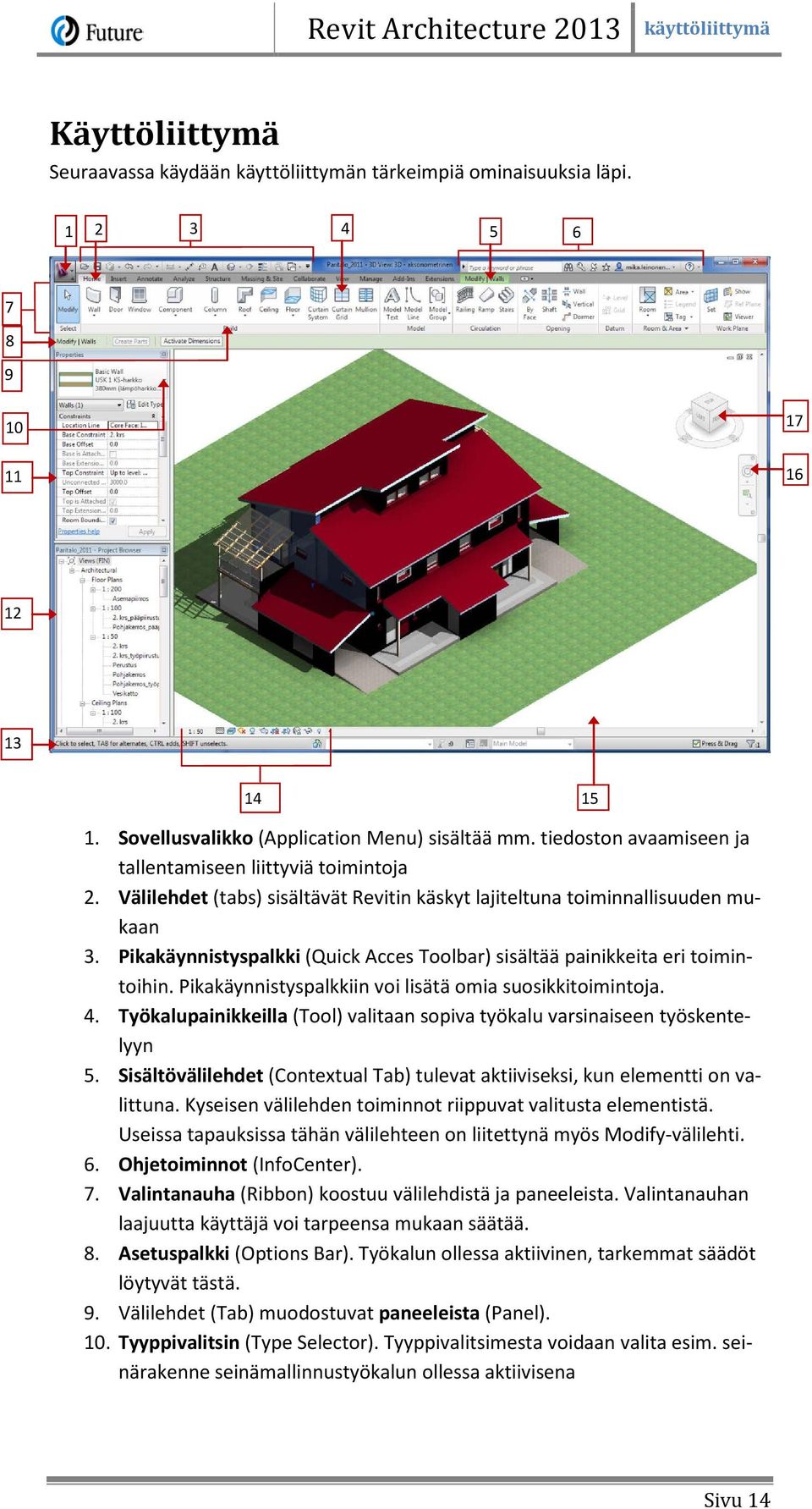 Pikakäynnistyspalkki (Quick Acces Toolbar) sisältää painikkeita eri toimintoihin. Pikakäynnistyspalkkiin voi lisätä omia suosikkitoimintoja. 4.