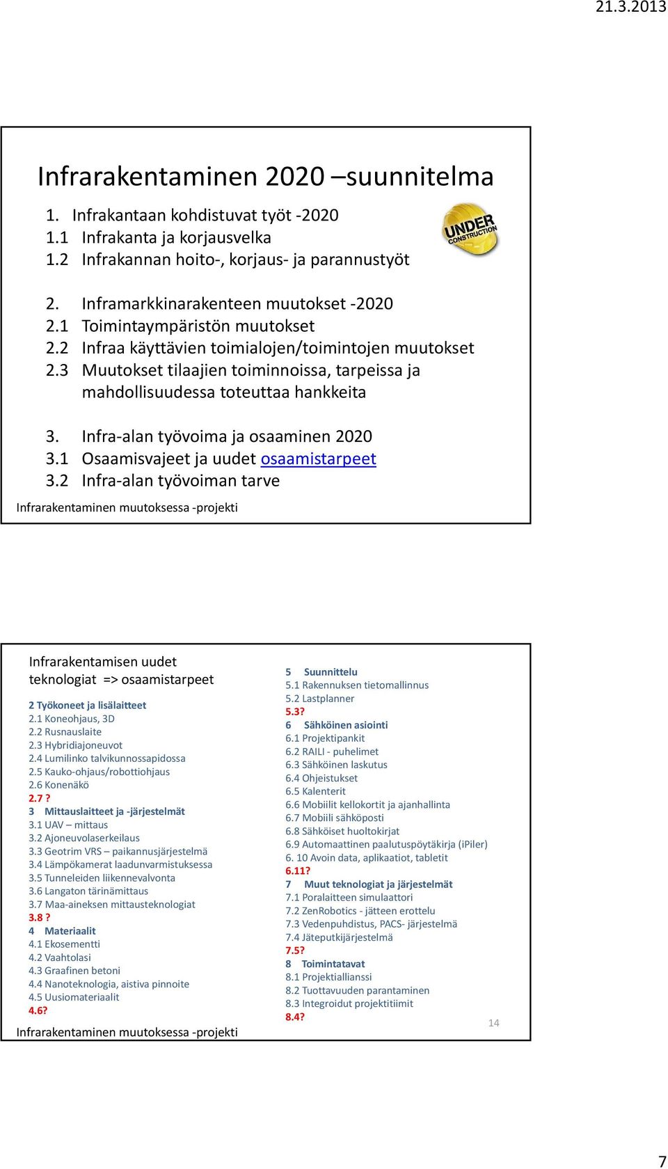 Infra alan työvoima ja osaaminen 2020 3.1 Osaamisvajeet ja uudet osaamistarpeet 3.2 Infra alan työvoiman tarve Infrarakentamisen uudet teknologiat => osaamistarpeet 2 Työkoneet ja lisälaitteet 2.